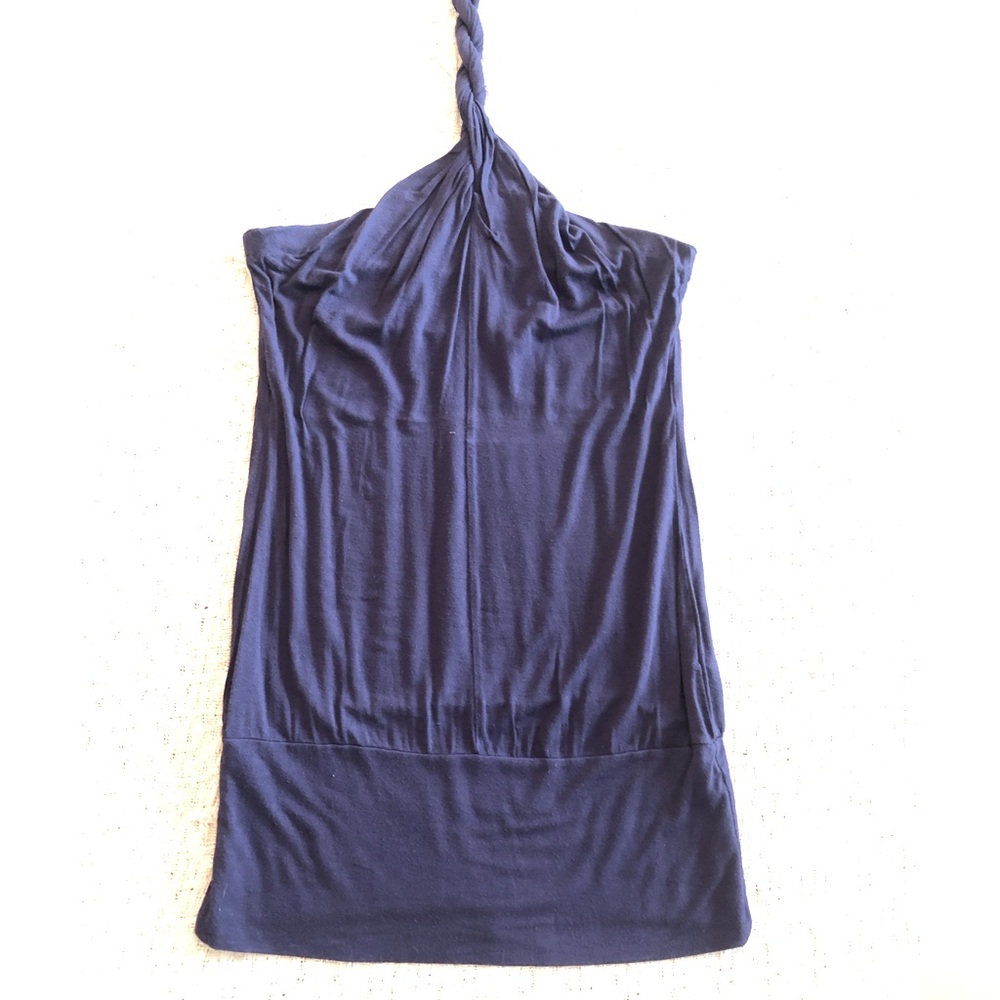 Indigo halter top with twisted rope halter.